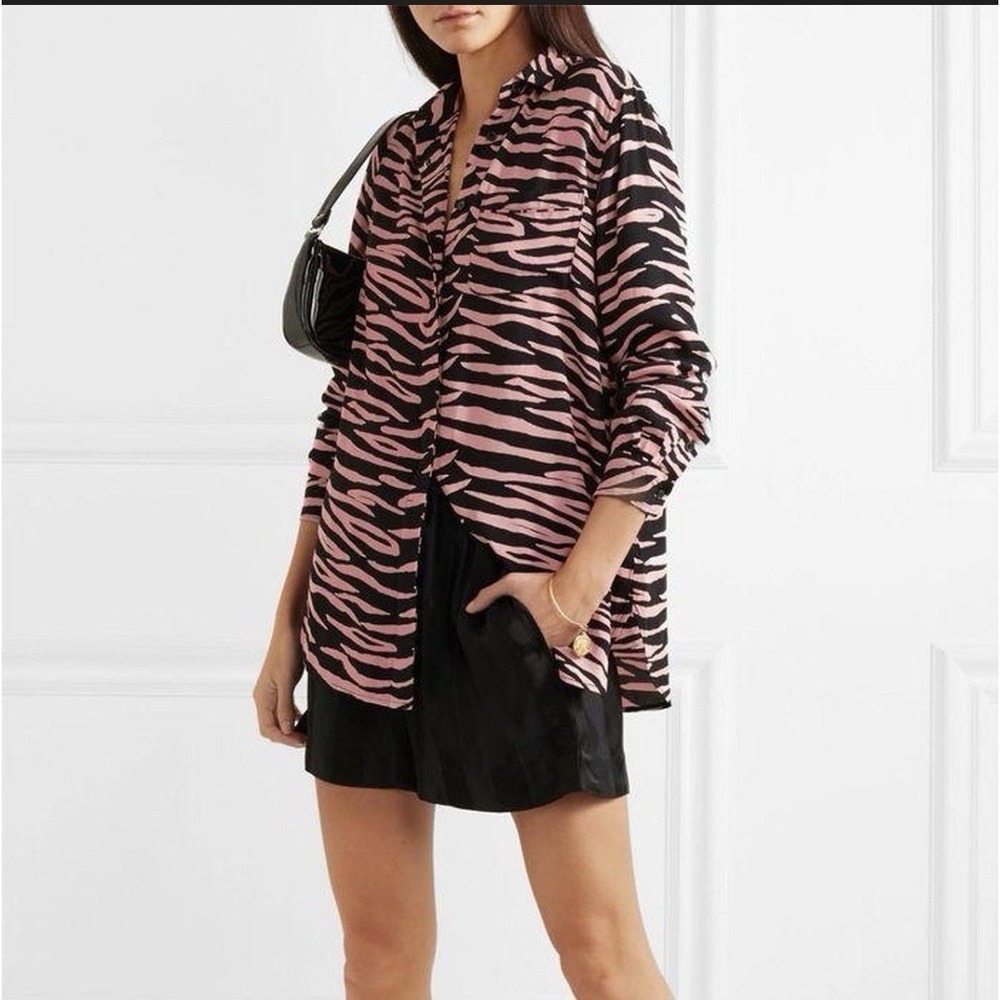 Ganni Womens Sz M Lindale Crepe Button Up Top Pink Black Long Sleeve Maximalist